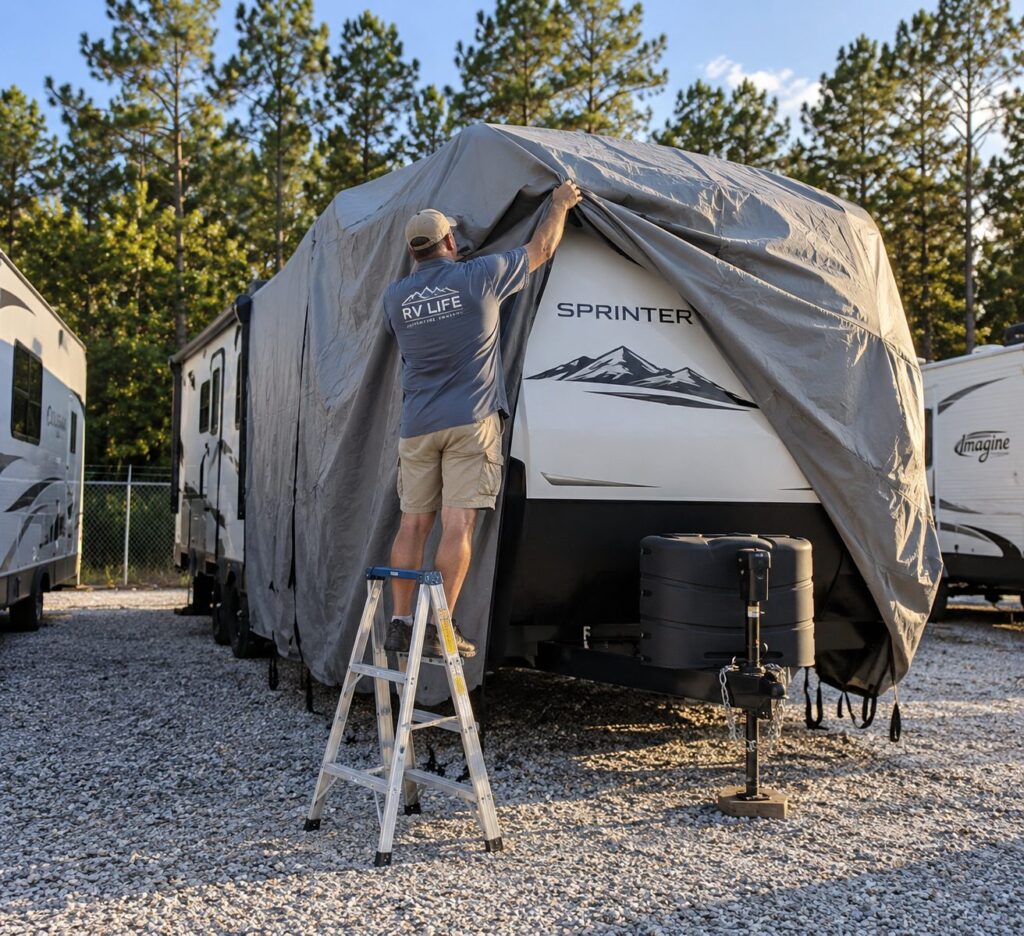 A man on a step ladder fitting a protective cover over a travel trailer on the gravel lot at Patriot Outdoor Storage, pine treeline behind