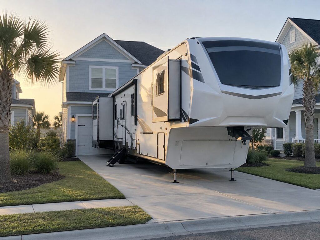 A large fifth-wheel travel trailer filling the driveway of a coastal Carolina home, too big for the space