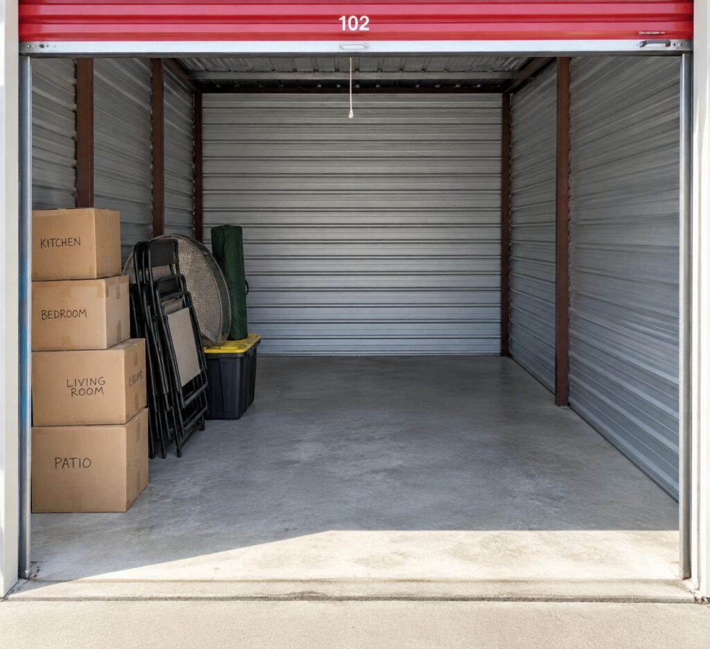 Inside a 10 by 10 storage unit with the red roll-up door open, labelled boxes and folding patio chairs stacked to one side