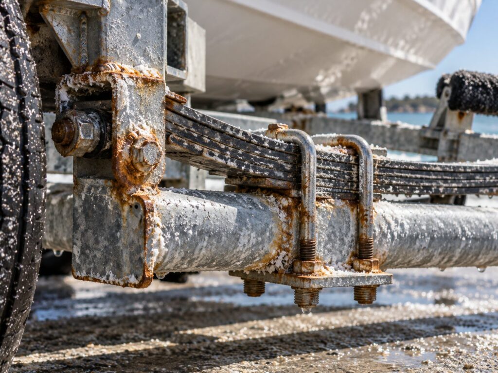 Close view of a boat trailer axle and leaf spring crusted with salt and showing orange rust at the welds and U-bolts