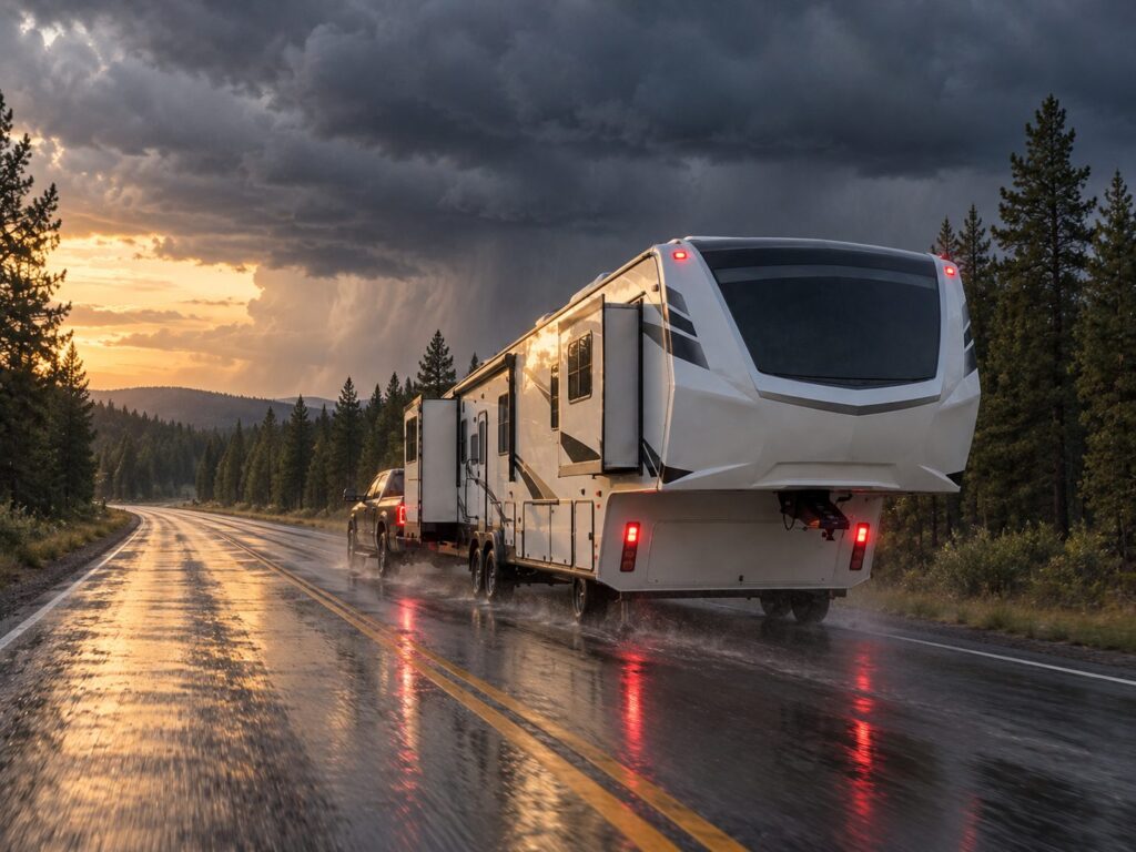 A pickup truck towing a fifth-wheel trailer inland on a wet two-lane highway as storm clouds build behind