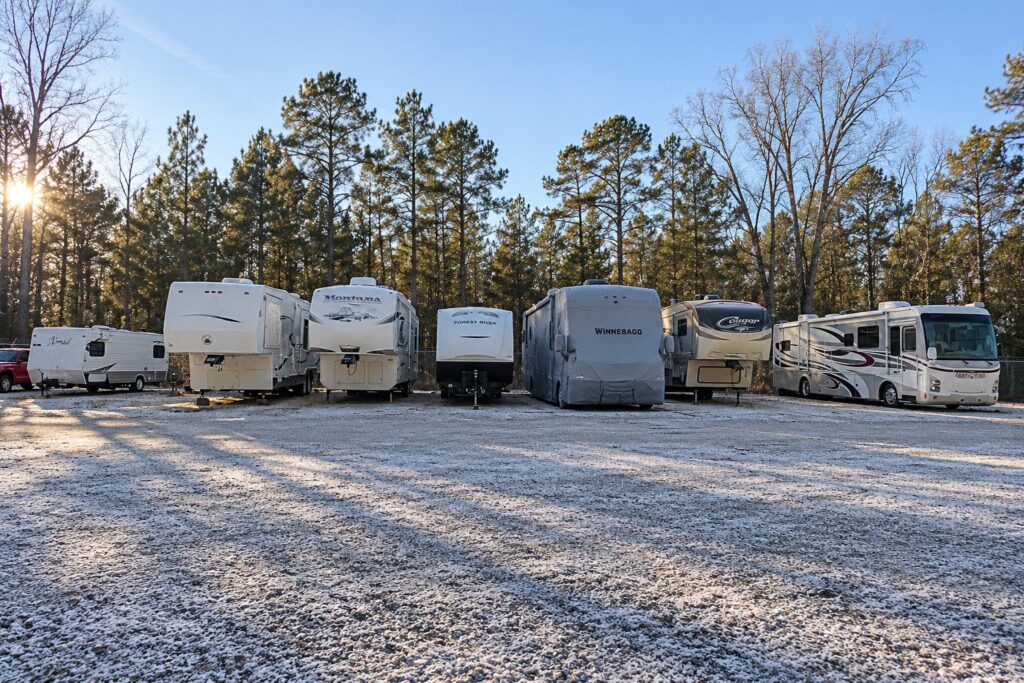 Travel trailers, fifth-wheels and motorhomes parked on a frost-covered gravel lot at Patriot Outdoor Storage on a bright Carolina winter morning